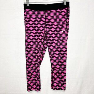 Nike Womens Cropped Running Pants Pink Black Ikat Stretch Drawstring Waist Sz M